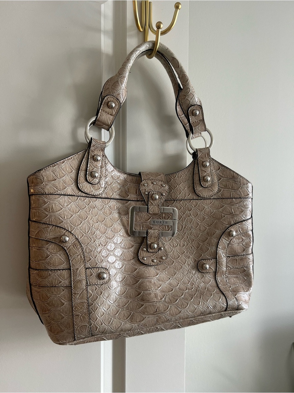 Guess Embossed Croc-Texture Tote Bag in Taupe - stains inside